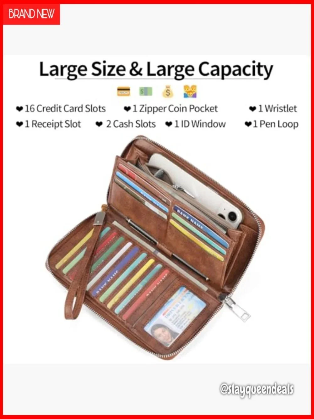 Large Capacity Vegan Leather RFID Blocking Wallet with Wristlet